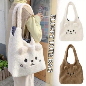 Cozy Plush Tote Bag for Women - Cute Cartoon Embroidery, Soft Shoulder Handbag with Magnetic Closure, Perfect for School & Shopping - Available in Deep Brown/White