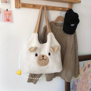 Plush teddy bear cute ears, large capacity shoulder bag, winter casual lazy style handbag