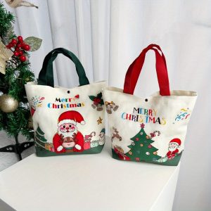 2pcs Christmas Canvas Tote Bags, Santa Claus Grocery Shopping Bags, Christmas Winter Gifts, Reusable Gift Bags, Christmas Gifts, for Gift Wrapping Storage