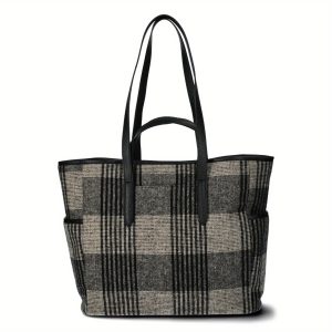 Women'S Plaid Double Handle Large Tote Bag, Black