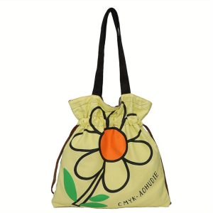 Floral Drawstring Canvas Tote Bag for Women, Large Capacity Shoulder Handbag with Flower Print, Durable Unlined Canvas, with No Wash Required, for Multiple Colors Available