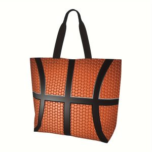 Large Basketball Design Tote Bag, 19.7 X 15.7 Inches Sporty Polyester Shopper Bag With Handle, Spacious And Durable For Shopping & Sports Fans