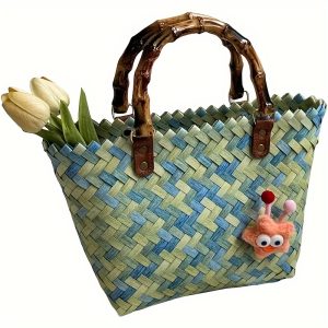 Handwoven Tote Bag For Women Straw Bag With Bamboo Small Handle PVC Bag Rattan Woven Handbag Summer Beach Purse Beach Vacations, Picnics, Camping