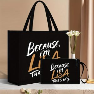 2-Piece Casual Style Fabric Tote Bag Set with "Because I'm Lisa That's Why" Print, Portable Travel Beach Bag with Cosmetic Pouch, Fixed Shoulder Straps, Non-Closed Design