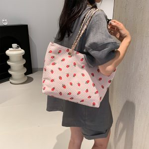 1pc Women'S Polyester Strawberry Print Canvas Tote Bag - Large Shoulder Purse with Zipper Closure, Durable Polyester Lining, Geometric Pattern, Versatile for Travel, Beach, College