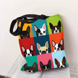 Cute Cartoon Boston Terrier Print Canvas Double-sided Printing Tote Bag, Casual Large Capacity Shopping Bag, Versatile Shoulder Bag