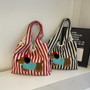 Casual Striped Canvas Tote Bag with Dachshund Applique, Large Capacity Shoulder Bag with Stripes, Durable Fixed Strap, Polyester Lined, No Closure, Fashionable Women's Handbag - Dry Clean Only