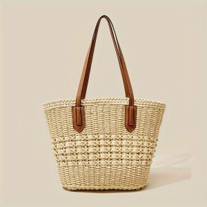 Casual Fashion Hollow Straw Bag Vacation Travel Beach Party Bag Women's Bag Tote Bag Shoulder Large Capacity Braided Straw Bag Daily Shopping Bag For Shops