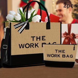 2pcs The Work Bag Print Tote Set: Casual Burlap Travel & Beach Bag Combo with Cosmetic Bag, Adjustable Strap, Zipper Closure, Lined