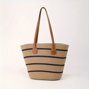 Striped Woven Straw Tote Bag, Shoulder Handbag With Zipper, Fashionable Beach Bag