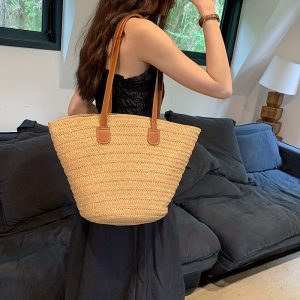 Straw Woven Tote Bag For Women, Boho Style Summer Beach Bag, Large Capacity Shoulder Bag For Travel