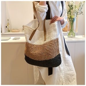 Stylish And Simple Hollow Striped Straw Bag Large Capacity Shoulder Bag Boho Style Colorblock Tote Bag - Retro Fashion Shoulder Bag, Travel Vacation Seaside Beach Bag