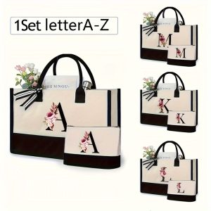 2pcs Set Chic Letter Print Canvas Tote & Clutch - Versatile, Lightweight Women's Shoulder Bags for Work & Shopping