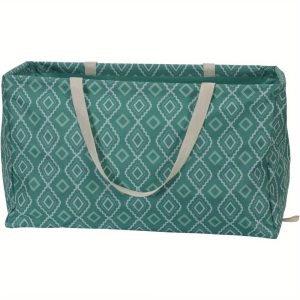 Oxford Cloth Reusable Grocery Tote Bag, Rectangle Utility Laundry Carryall, Teal Diamond Pattern, 22"L x 11"W x 13"H, with Sturdy Handles