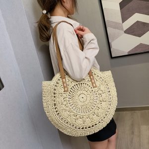 Women's Straw Beach Shoulder Bag, Bohemian Summer Vacation Casual Woven Handbags, Round Travel Tote Bag