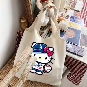 Sanrio Hello Kitty Dodgers Canvas Tote Bag - Foldable, Fade-Resistant, Durable Canvas Shoulder Bag with Los Angeles Baseball Design - Lightweight Literature Carrying Handbag for Books, Travel, Shopping - Ideal Gift for Her (1 pc)